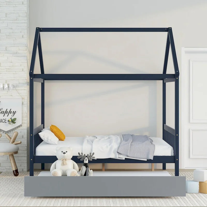 Pine Full House Bed with Canopy, Trundle, and Roof