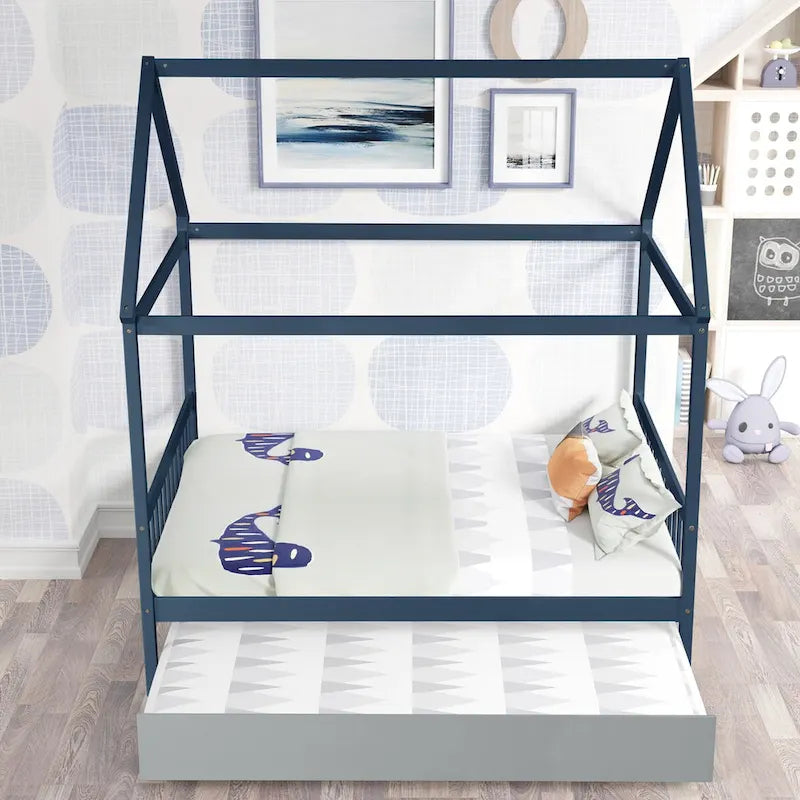 Pine Full House Bed with Canopy, Trundle, and Roof