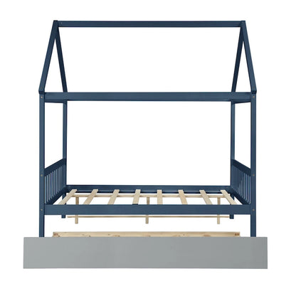 Pine Full House Bed with Canopy, Trundle, and Roof