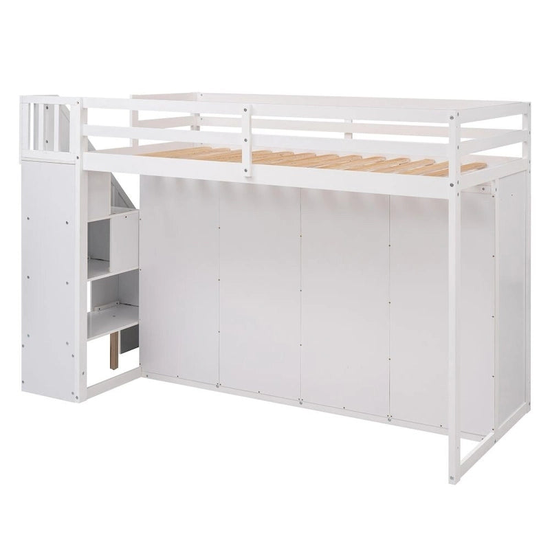 Functional Loft Bed with 3 Shelves, 2 Wardrobes and 2 Drawers, Ladder with Storage, No Box Spring Needed