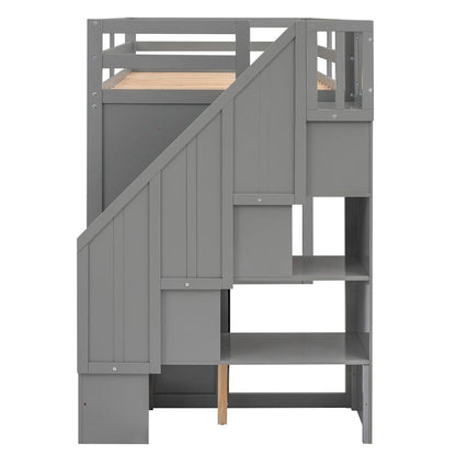Functional Loft Bed with 3 Shelves, 2 Wardrobes and 2 Drawers, Ladder with Storage, No Box Spring Needed