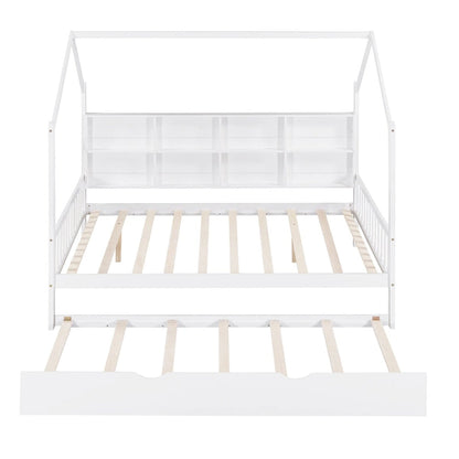White Full Size Pinewood Kids House Platform Bed with Trundle, Shelf, and Roof