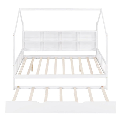 White Full Size Pinewood Kids House Platform Bed with Trundle, Shelf, and Roof