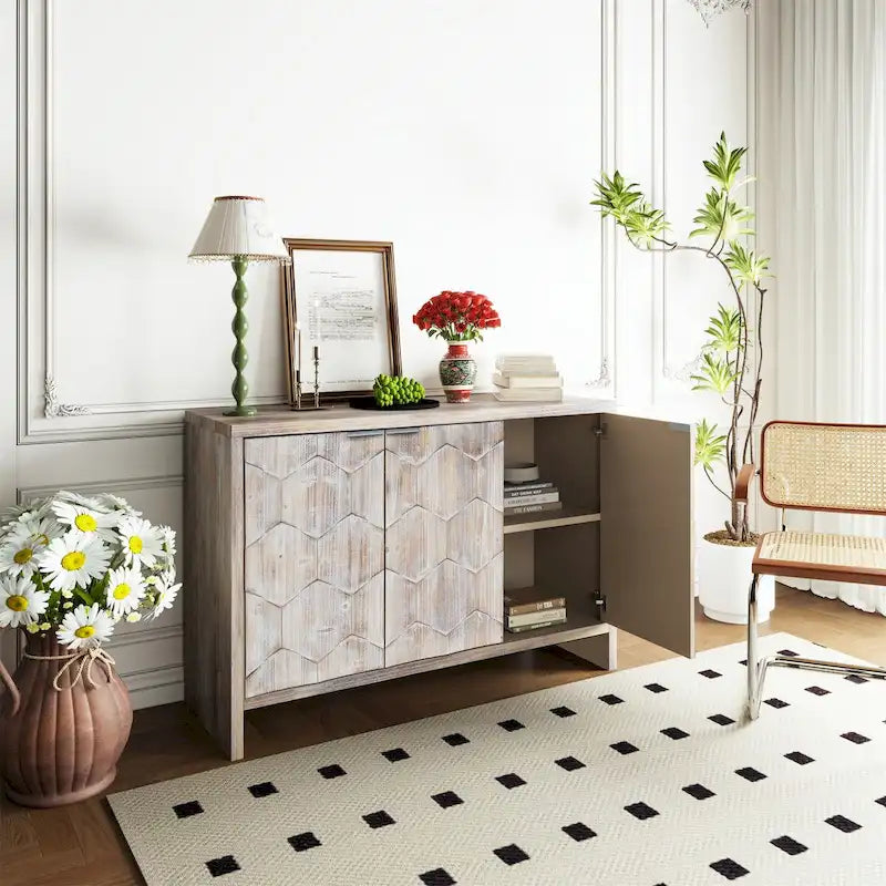 3 Door Wooden Cabinet Sideboard Buffet - N/A