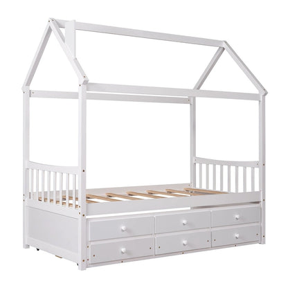 Twin Wooden House Bed with Pull-Out Trundle and Additional Drawers