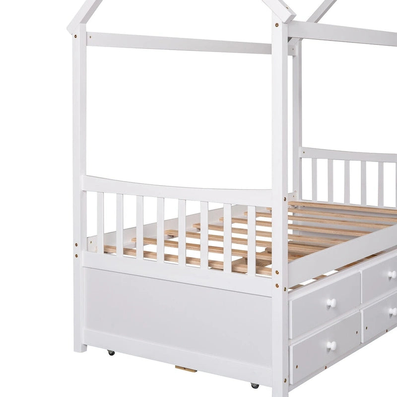 Twin Wooden House Bed with Pull-Out Trundle and Additional Drawers