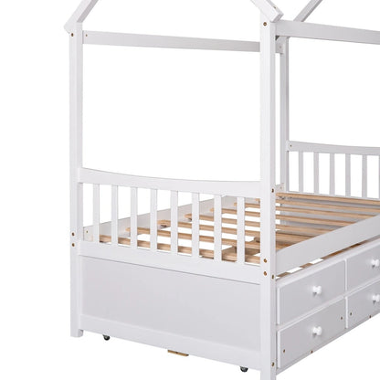 Twin Wooden House Bed with Pull-Out Trundle and Additional Drawers