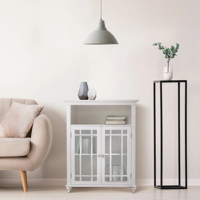 Teamson Home Neal Wooden Freestanding Two-Door Floor Cabinet with Glass Paneled Doors and Open Fixed Shelf