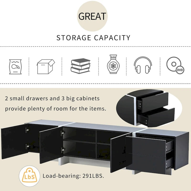 Siavonce White & Black Contemporary Rectangle Design TV Stand - 74.8W x 13.7D x 17.7H