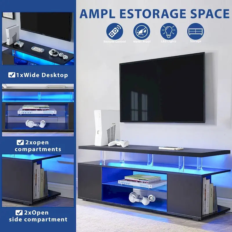 Center Media Storage Console Table with Large Side Cabinet for Living Room - 63.00L * 16W * 21H