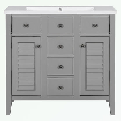 Bathroom Vanity with Ceramic Basin, Two Cabinets and Five Drawers