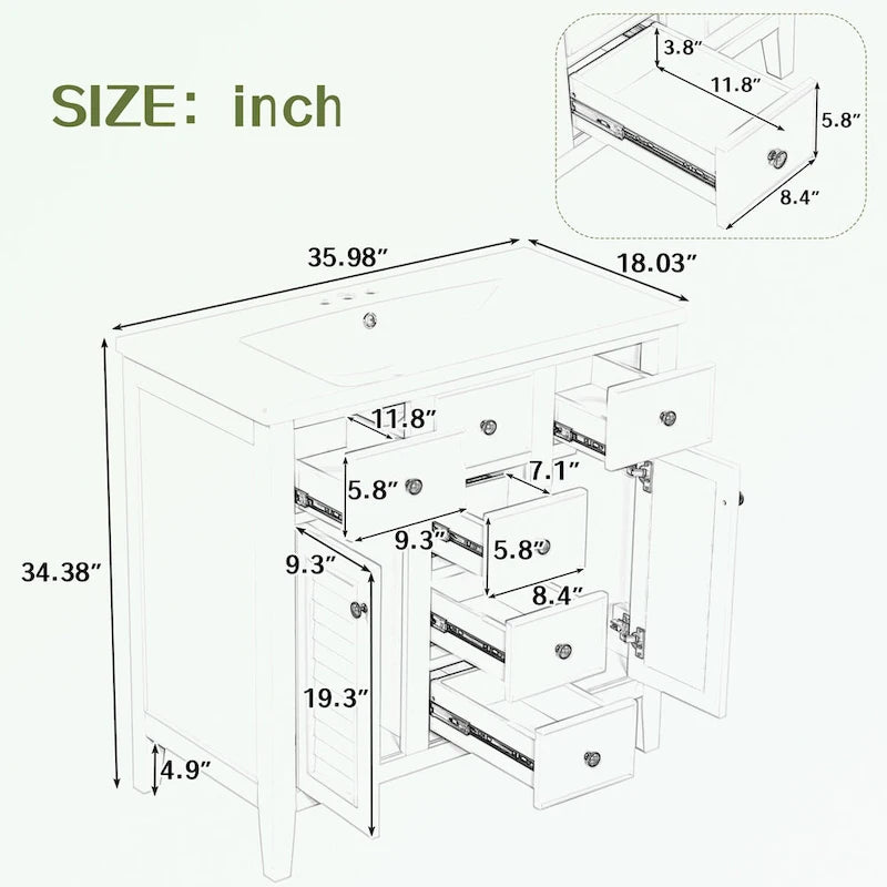 Bathroom Vanity with Ceramic Basin, Two Cabinets and Five Drawers