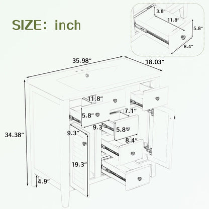 Bathroom Vanity with Ceramic Basin, Two Cabinets and Five Drawers
