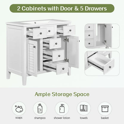 Bathroom Vanity with Ceramic Basin, Two Cabinets and Five Drawers
