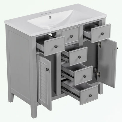 Bathroom Vanity with Ceramic Basin, Two Cabinets and Five Drawers