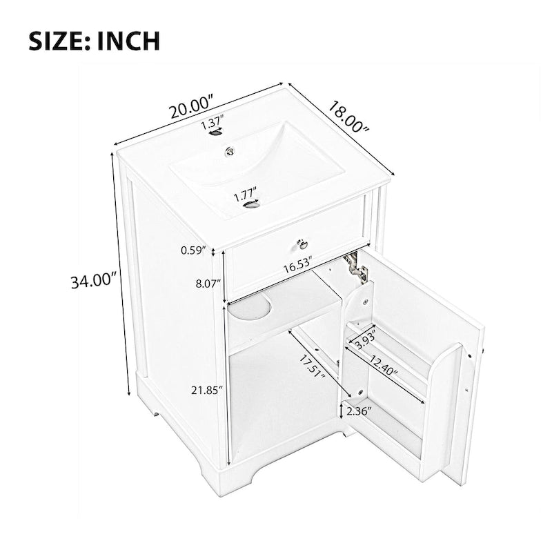 20 Bathroom Vanity with Sink Bathroom Cabinet with Soft Closing Door Storage Rack and Adjustable Shelve White