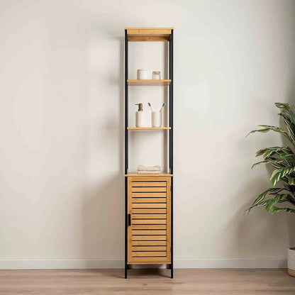 Natural Slim Storage Cabinet with Shelves, Modern Black Frame - 13.4L x 12W x 68H