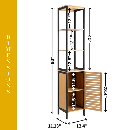 Natural Slim Storage Cabinet with Shelves, Modern Black Frame - 13.4L x 12W x 68H