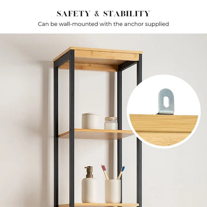 Natural Slim Storage Cabinet with Shelves, Modern Black Frame - 13.4L x 12W x 68H