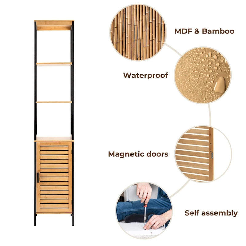 Natural Slim Storage Cabinet with Shelves, Modern Black Frame - 13.4L x 12W x 68H