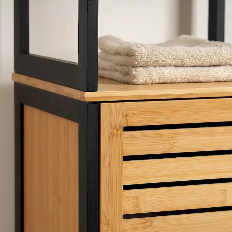 Natural Slim Storage Cabinet with Shelves, Modern Black Frame - 13.4L x 12W x 68H