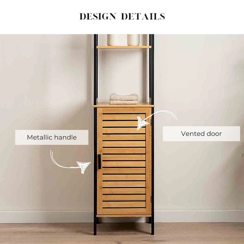 Natural Slim Storage Cabinet with Shelves, Modern Black Frame - 13.4L x 12W x 68H