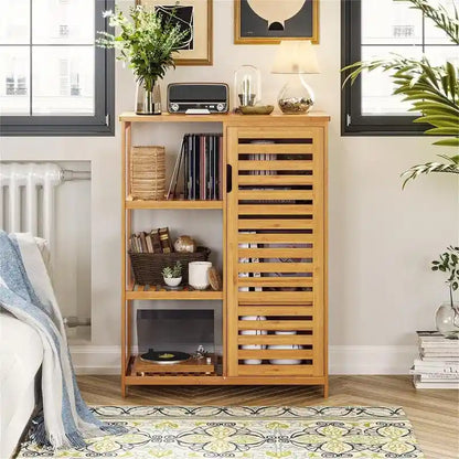 Bathroom Cabinet Bamboo Storage Cabinet with Doors and 3 Side Shelves - 6.3D x 14.4W x 36H