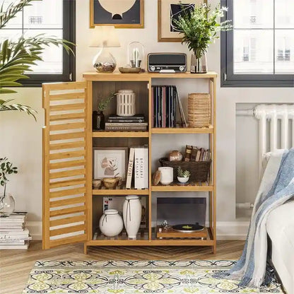 Bathroom Cabinet Bamboo Storage Cabinet with Doors and 3 Side Shelves - 6.3D x 14.4W x 36H