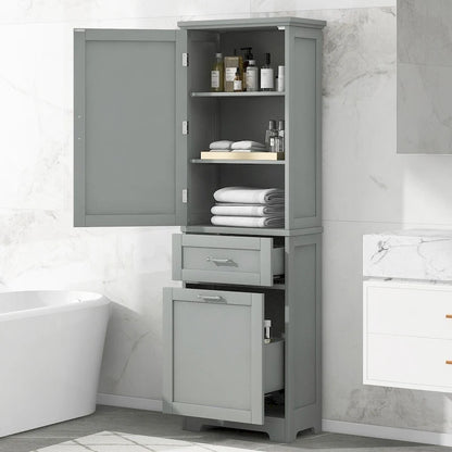 68Tall Bathroom Storage Cabinet, Freestanding Storage Cabinet with Two Different Size Drawers and Adjustable Shelf, MDF Board