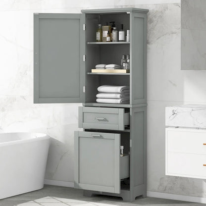 68Tall Bathroom Storage Cabinet, Freestanding Storage Cabinet with Two Different Size Drawers and Adjustable Shelf, MDF Board