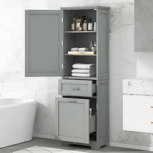 68Tall Bathroom Storage Cabinet, Freestanding Storage Cabinet with Two Different Size Drawers and Adjustable Shelf, MDF Board