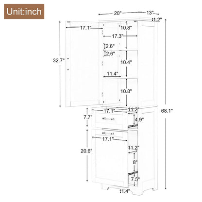 68Tall Bathroom Storage Cabinet, Freestanding Storage Cabinet with Two Different Size Drawers and Adjustable Shelf, MDF Board