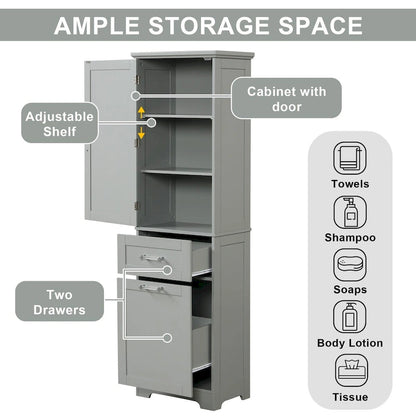 68Tall Bathroom Storage Cabinet, Freestanding Storage Cabinet with Two Different Size Drawers and Adjustable Shelf, MDF Board