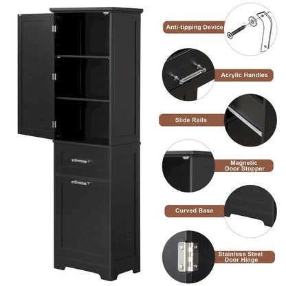 68Tall Bathroom Storage Cabinet, Freestanding Storage Cabinet with Two Different Size Drawers and Adjustable Shelf, MDF Board
