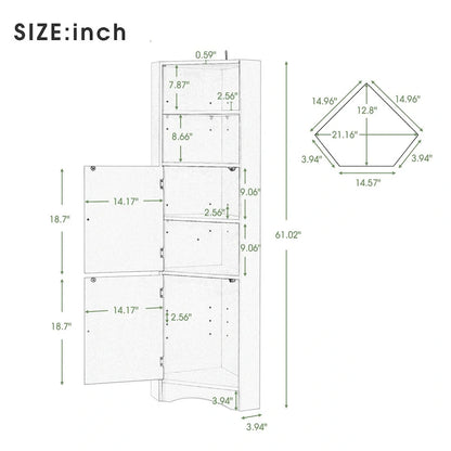 61 H Bathroom Cabinet,Narrow Toilet Organizer Side Corner Storage Tall Corner Cabinet