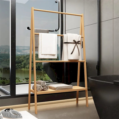 Bamboo Ladder Towel Rack with Storage Shelf