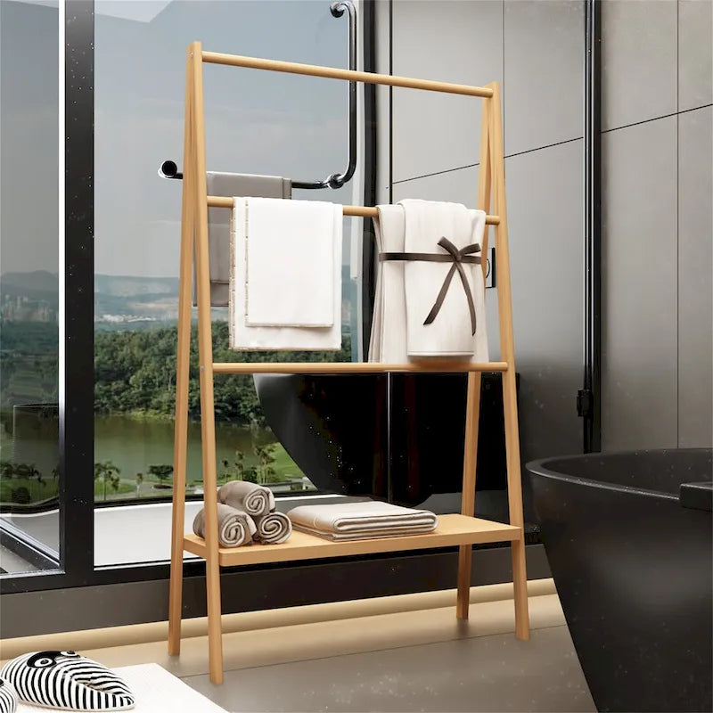 Bamboo Ladder Towel Rack with Storage Shelf