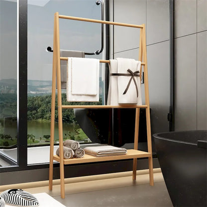 Bamboo Ladder Towel Rack with Storage Shelf