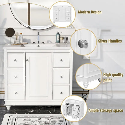 36 Inch Bathroom Vanity Cabinet with Resin Sink and Adjustable Shelves