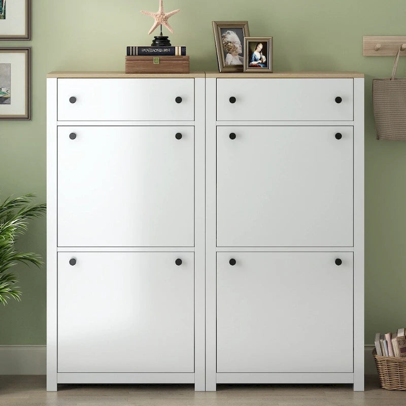 Wood Pattern Top Shoe Cabinet with Flip Drawers and Adjustable Panel