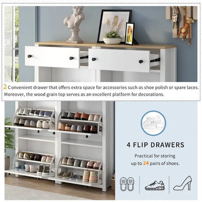 Wood Pattern Top Shoe Cabinet with Flip Drawers and Adjustable Panel
