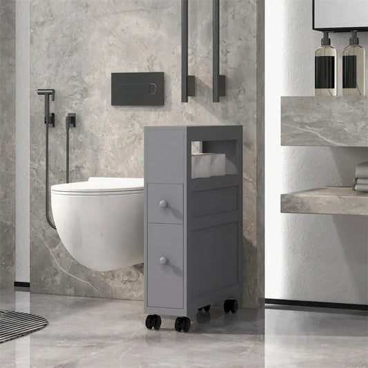 6.25x20.5x28.25 Wood Rolling Narrow Bathroom Side Storage Cabinet