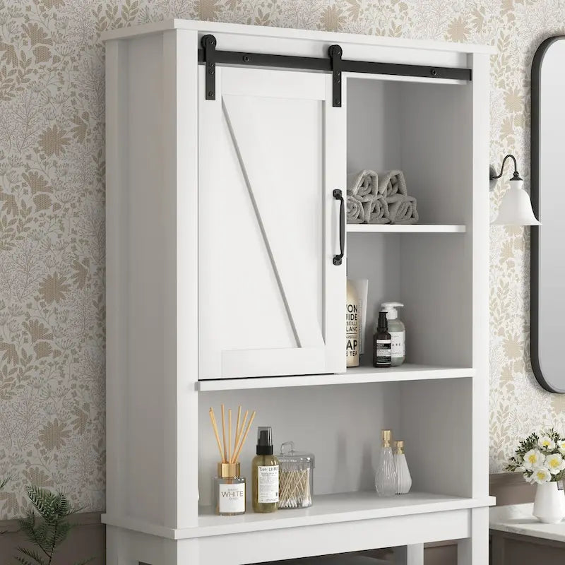 Over-the-Toilet Storage Cabinet, Space-Saving Bathroom Cabinet, with Adjustable Shelves and A Barn Door 27.16 x 9.06 x 67 inch